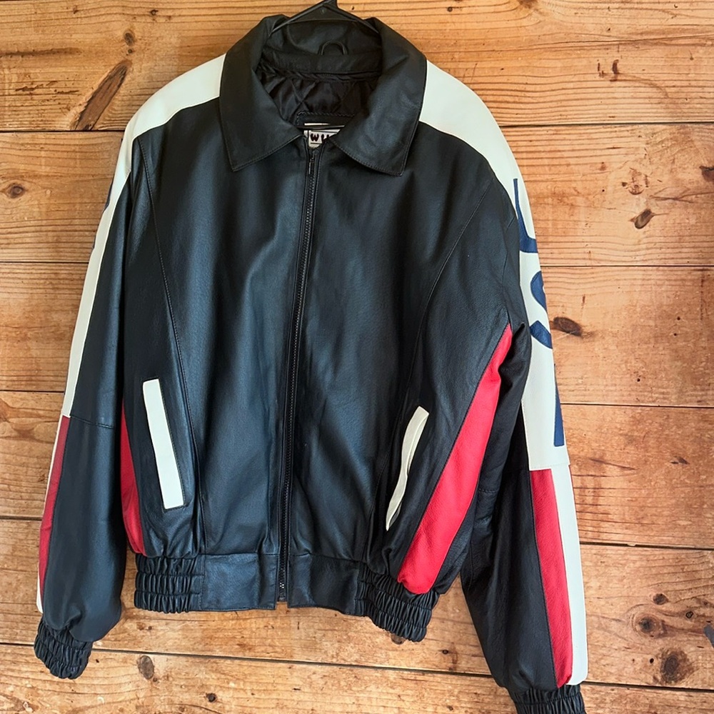 Vintage WILDA Genuine Leather Jacket USA Flag Embroidered